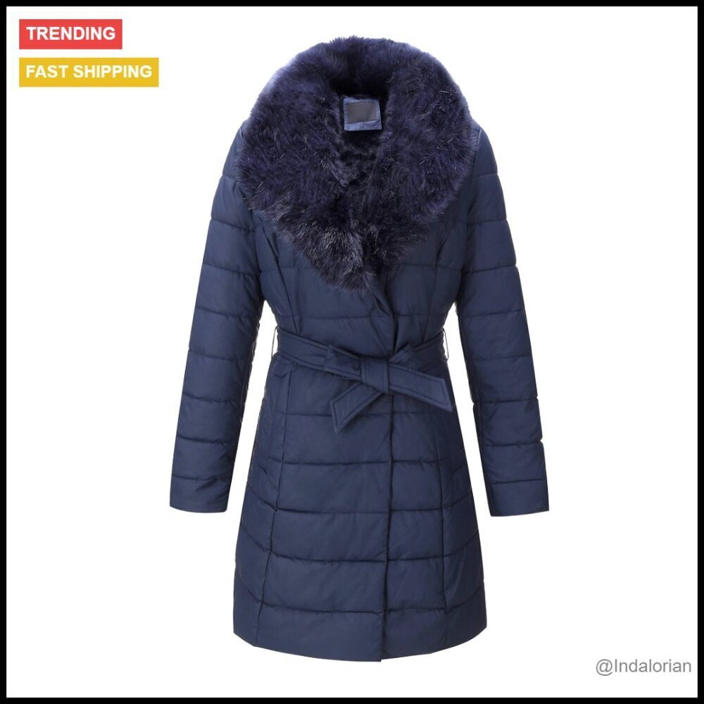 Women's Winter Puffer Jacket with Removable Fur Collar Hooded Belted Coat